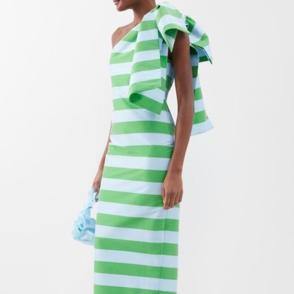 Bernadette - Josselin Bow-shoulder Striped Taffeta Dress - Women's - Green Blue
